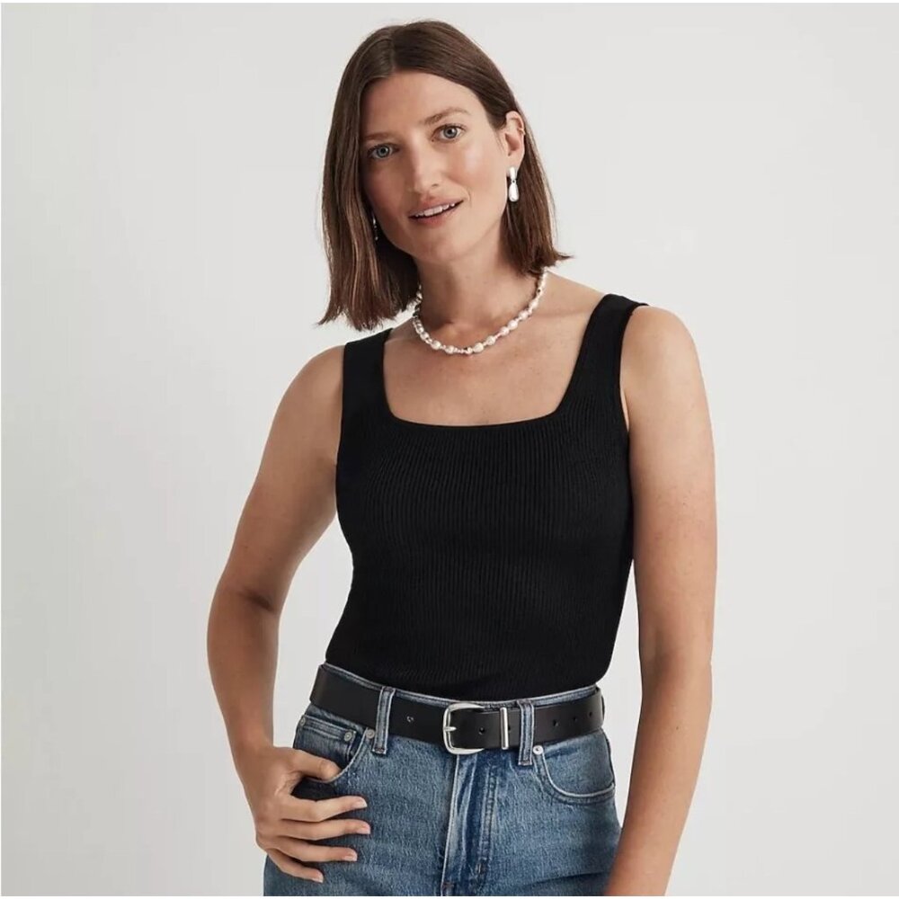 Madewell Square Neck Ribbed Tank Top Black XXS Viscose Knit NWT Minimalist